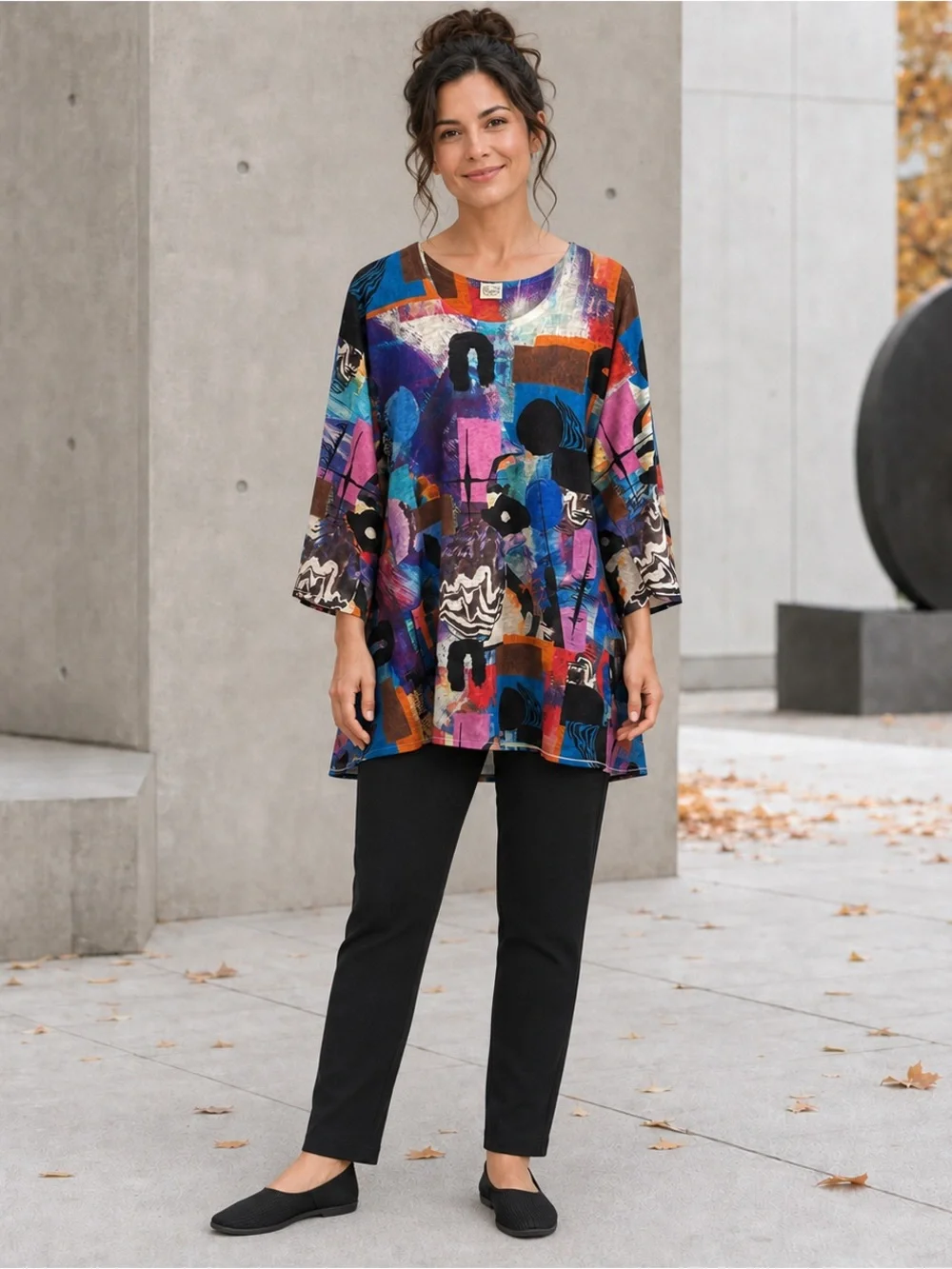 ET LOIS ART DECO ABSTRACT COLORFUL BUSINESS CASUAL LIGHTWEIGHT TUNIC TOP XL
